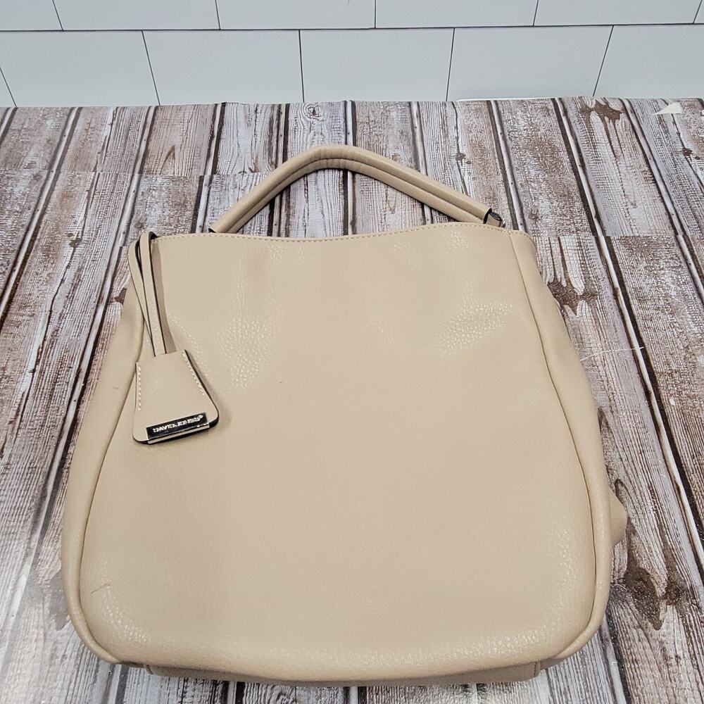 David Jones Paris Beige Faux Leather Tote Shoulder Handbag Purse Large Womens